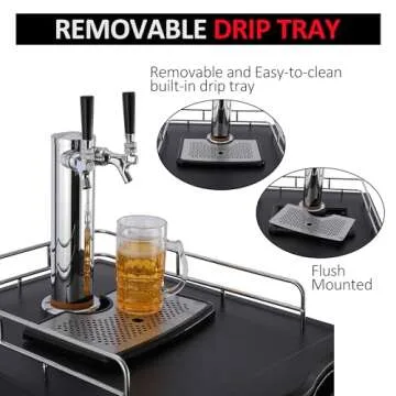 PioneerWorks Beer Kegerator, Dual Tap Draft Beer Dispenser, Full Size Stainless Steel Keg Refrigerator With Drip Tray & Rail, 170L