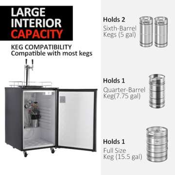 PioneerWorks Beer Kegerator, Dual Tap Draft Beer Dispenser, Full Size Stainless Steel Keg Refrigerator With Drip Tray & Rail, 170L