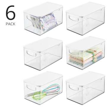 mDesign Plastic Deep Storage Bin Box Container with Lid and Built-In Handles - Organization for Fruit, Snacks, or Food in Kitchen Pantry, Cabinet, or Cupboard, Ligne Collection, 6 Pack, Clear/White
