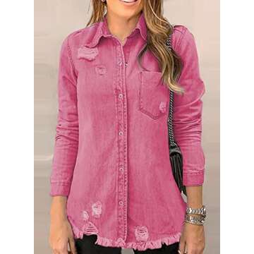 Dokotoo Women's Oversized Denim Jacket Casual Long Boyfriend Distresse Jean Jacket Autumn Spring, A1 Rose, L