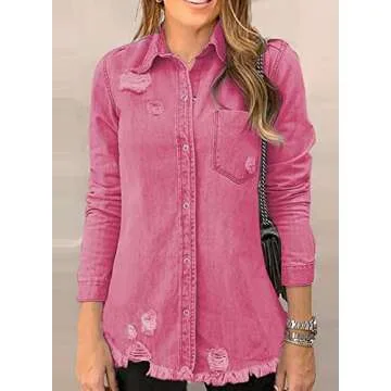 Dokotoo Women's Oversized Denim Jacket Casual Long Boyfriend Distresse Jean Jacket Autumn Spring, A1 Rose, L