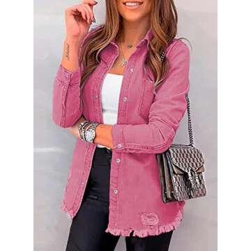Dokotoo Women's Oversized Denim Jacket Casual Long Boyfriend Distresse Jean Jacket Autumn Spring, A1 Rose, L