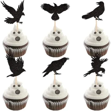 24 PCS Black Crow Cupcake Toppers for Halloween & Birthday Parties