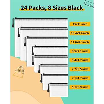 Smarpau Mesh Zipper Pouch, 24 Pack 8 Sizes Plastic Zipper Pouches for Organizing, Multipurpose Water...