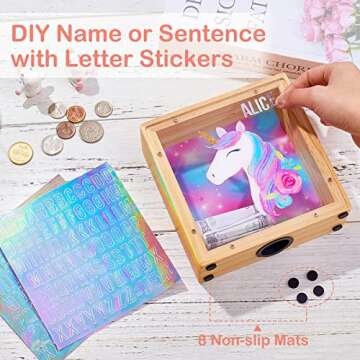 Wooden Piggy Bank for Kids Boys Girls, DIY Name Coin Bank Unicorn Dinosaur Money Bank with Letter St...