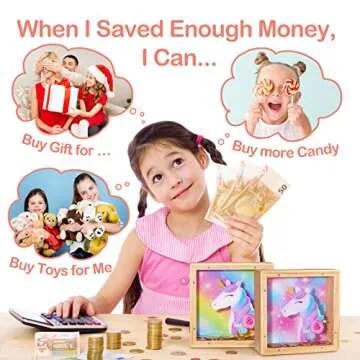 Wooden Piggy Bank for Kids Boys Girls, DIY Name Coin Bank Unicorn Dinosaur Money Bank with Letter Stickers
