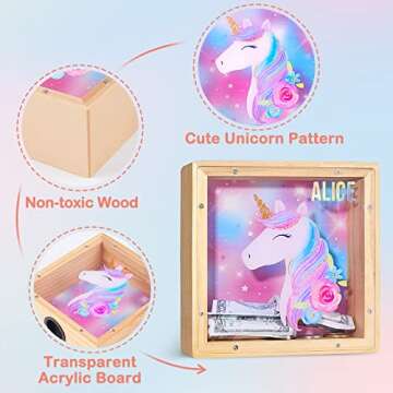 Wooden Piggy Bank for Kids Boys Girls, DIY Name Coin Bank Unicorn Dinosaur Money Bank with Letter Stickers