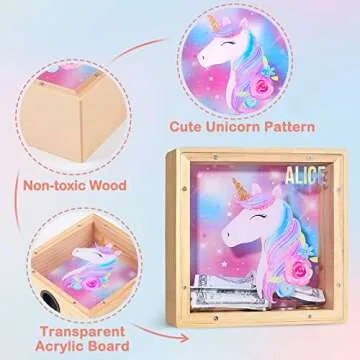 Wooden Piggy Bank for Kids Boys Girls, DIY Name Coin Bank Unicorn Dinosaur Money Bank with Letter Stickers
