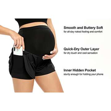 AMPOSH Women's Maternity Quick-Dry Workout Shorts Athletic Running Yoga Shorts with Pocket (Black, S...