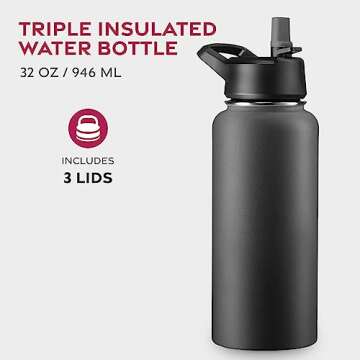 FineDine Triple Walled, Insulated Water Bottles with Straw - 32 Oz Stainless Steel Metal Bottle W/ 3...
