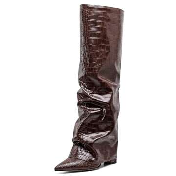 Synchoiss Women's Knee High Boots Pointed Toe Rubber Sole Brown Boots Fashion Chunky Heel Wide Calf ...