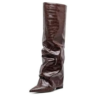 Synchoiss Women's Knee High Boots Pointed Toe Rubber Sole Brown Boots Fashion Chunky Heel Wide Calf ...