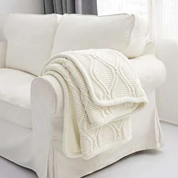 Longhui bedding Chenille Ivory White Sherpa Throw Blanket – Thick, Soft, Big, Cozy Knit Fleece Blanket for Couch, Sofa, Bed – Large 51 x 63 Inches