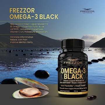FREZZOR Omega 3 Black, Highest amount Green Lipped Mussel Oil, Made in New Zealand, UAF1000+, Inflammation, Joint Care & Relief, Heart & Immune Support, No Fishy Aftertaste, 450mg, 1-Pack, 60 Softgels