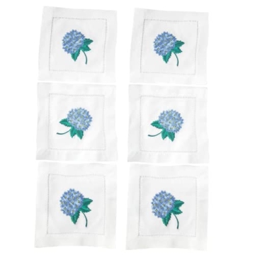 HCRAFT Embroidered White Cocktail Napkins 6"x6" Set of 6 Cloth Napkin Coasters, Hydrangea Embroidered Cocktail Napkins for Christmas Cocktail Napkins Parties, Ladder Hemstitch, Great Present Ideas
