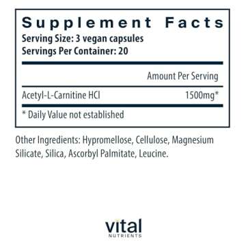 Vital Nutrients Acetyl L-Carnitine 500mg - Brain & Memory Support Supplement - Vegan & Non-GMO 60 Ca...