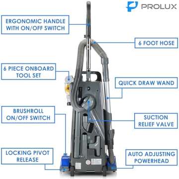 Prolux 9000 Upright Vacuum Cleaner – Powerful HEPA Filtration, Bagged Dust Chamber for Allergy Protection, Stainless Steel Brush Roll, Onboard Tools, and Brush Roll Control Pedal