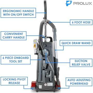 Prolux 9000 Upright Vacuum Cleaner – Powerful HEPA Filtration, Bagged Dust Chamber for Allergy Protection, Stainless Steel Brush Roll, Onboard Tools, and Brush Roll Control Pedal