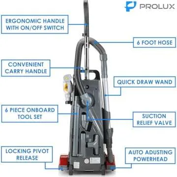 Prolux 9000 Upright Vacuum Cleaner – Powerful HEPA Filtration, Bagged Dust Chamber for Allergy Protection, Stainless Steel Brush Roll, Onboard Tools, and Brush Roll Control Pedal