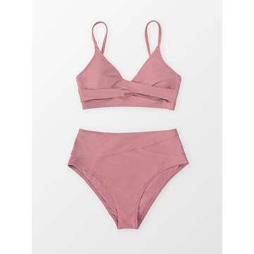 CUPSHE Women's Bikini Sets Two Piece Swimsuit High Waisted V Neck Twist Front Adjustable Spaghetti Straps Bathing Suit,XL Pink