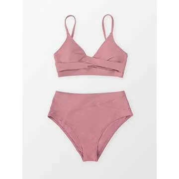 CUPSHE Women's Bikini Sets Two Piece Swimsuit High Waisted V Neck Twist Front Adjustable Spaghetti Straps Bathing Suit,XL Pink