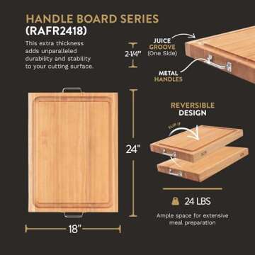 John Boos Block Large Reversible Wood Cutting Board w/ Metal Handles, 24"x18"x2.25", Maple