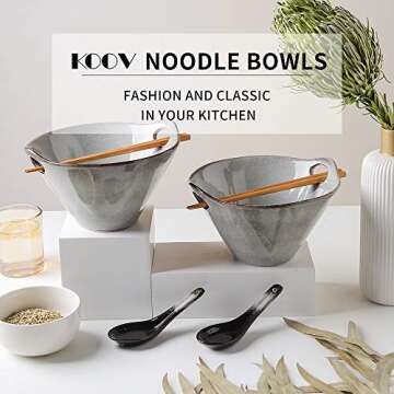 KOOV Porcelain Ramen Bowls and Spoons Set of 2 - Japanese Ramen Noodle Bowl with Chopsticks and Spoo...
