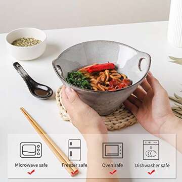 KOOV Porcelain Ramen Bowls and Spoons Set of 2 - Japanese Ramen Noodle Bowl with Chopsticks and Spoons, 26 Ounce Deep Pho Bowl, Reactive Glaze (Variable Grey)