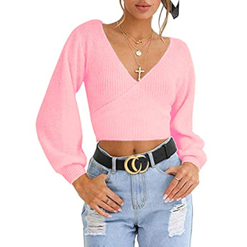 Pink Knitted Crop Sweater V-Neck Cross Wrap Front Long Sleeves