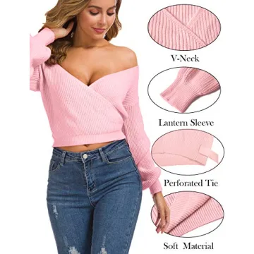 Pink Knitted Crop Sweater V-Neck Cross Wrap Front Long Sleeves