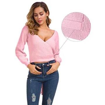 Pink Knitted Crop Sweater V-Neck Cross Wrap Front Long Sleeves