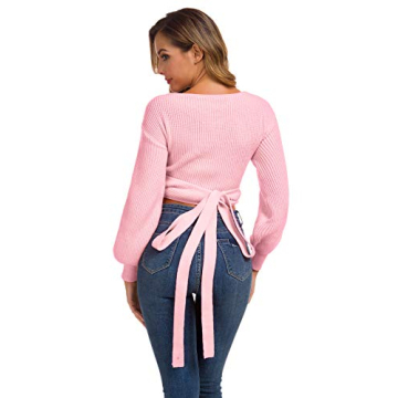 Pink Knitted Crop Sweater V-Neck Cross Wrap Front Long Sleeves