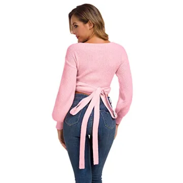 Pink Knitted Crop Sweater V-Neck Cross Wrap Front Long Sleeves