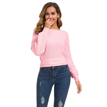 Pink Knitted Crop Sweater V-Neck Cross Wrap Front Long Sleeves
