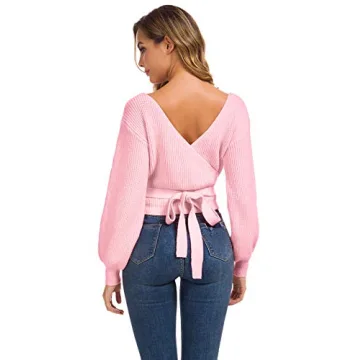 Pink Knitted Crop Sweater V-Neck Cross Wrap Front Long Sleeves