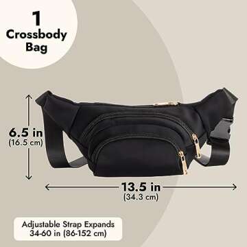 Zodaca Black Extra Large Fanny Pack Plus Size, Crossbody Bag with Adjustable Belt Straps Fits 34-60 Inch Waist (Expands to 5XL)