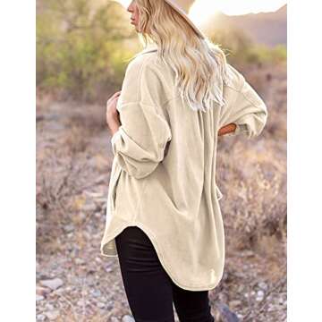 Merryfun Womens Flannel Shirt Jacket Button Down Long Sleeve Oversized Shacket Coat Loose Casual Blouse Tops With Pockets,Beige M