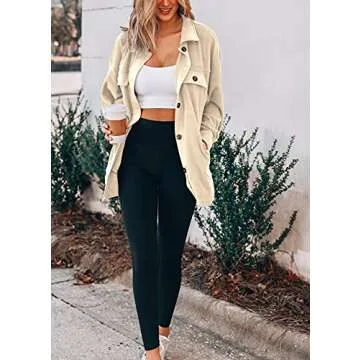 Merryfun Womens Flannel Shirt Jacket Button Down Long Sleeve Oversized Shacket Coat Loose Casual Blouse Tops With Pockets,Beige M