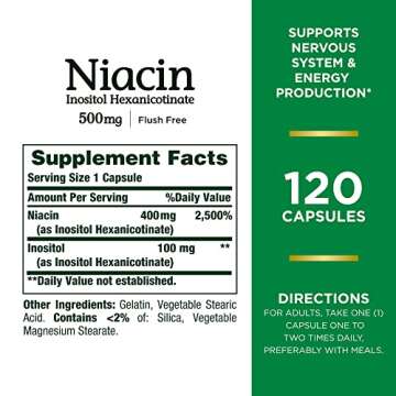 Nature's Bounty Niacin 500mg Flush Free, Cellular Energy Support, Supports Nervous System Health, 12...