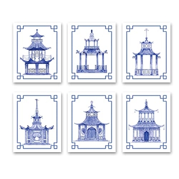 XUOIAYNB Chinoiserie Art Print- Watercolor Chinese Blue White Pavilion Canvas Wall Art (8"x10"x6 pcs...