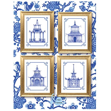 XUOIAYNB Chinoiserie Art Print- Watercolor Chinese Blue White Pavilion Canvas Wall Art (8"x10"x6 pcs, Unframed)-Perfect for Bedroom or Study Decor