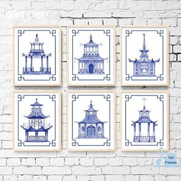 XUOIAYNB Chinoiserie Art Print- Watercolor Chinese Blue White Pavilion Canvas Wall Art (8"x10"x6 pcs, Unframed)-Perfect for Bedroom or Study Decor