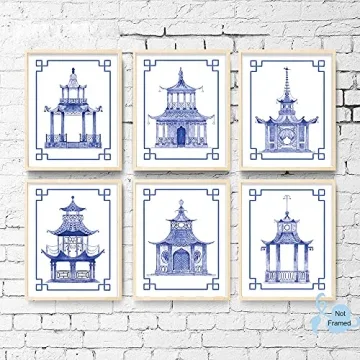 XUOIAYNB Chinoiserie Art Print- Watercolor Chinese Blue White Pavilion Canvas Wall Art (8"x10"x6 pcs, Unframed)-Perfect for Bedroom or Study Decor