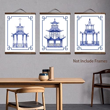 XUOIAYNB Chinoiserie Art Print- Watercolor Chinese Blue White Pavilion Canvas Wall Art (8"x10"x6 pcs, Unframed)-Perfect for Bedroom or Study Decor