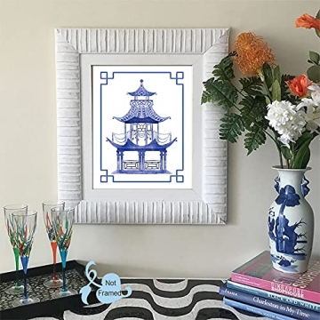 XUOIAYNB Chinoiserie Art Print- Watercolor Chinese Blue White Pavilion Canvas Wall Art (8"x10"x6 pcs, Unframed)-Perfect for Bedroom or Study Decor