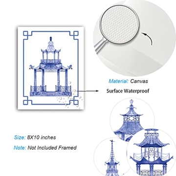 XUOIAYNB Chinoiserie Art Print- Watercolor Chinese Blue White Pavilion Canvas Wall Art (8"x10"x6 pcs, Unframed)-Perfect for Bedroom or Study Decor