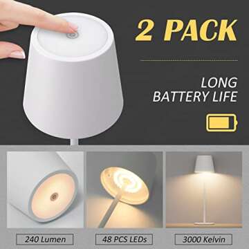 Ralbay 2 Pack White Rechargeable LED Table Lamp,Portable Battery Outdoor Lamp Waterproof 3W 5000mAh White Dining Lamps, Stepless Dimmable Battery Operated Lamp for Restaurant Home Lighting,Warm Light