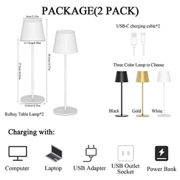 Ralbay 2 Pack White Rechargeable LED Table Lamp,Portable Battery Outdoor Lamp Waterproof 3W 5000mAh White Dining Lamps, Stepless Dimmable Battery Operated Lamp for Restaurant Home Lighting,Warm Light