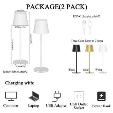 Ralbay 2 Pack White Rechargeable LED Table Lamp,Portable Battery Outdoor Lamp Waterproof 3W 5000mAh White Dining Lamps, Stepless Dimmable Battery Operated Lamp for Restaurant Home Lighting,Warm Light
