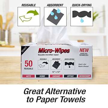 Eurow Microfiber Detailing Wipes with Dispenser Box, 200GSM, 12 by 12 Inches, Pack of 50, White
